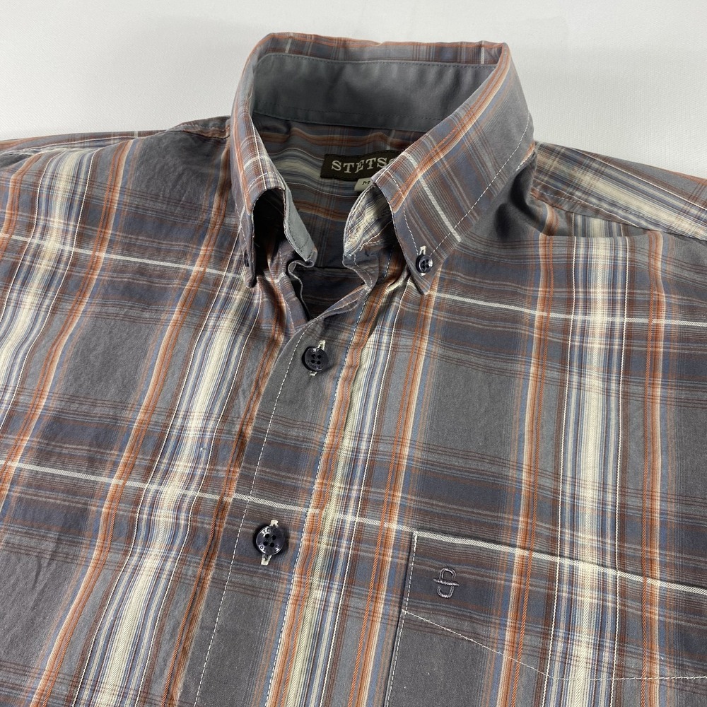 Stetson Shirt Mens Medium Gray Orange Blue Plaid Long Sleeve Western Button Up